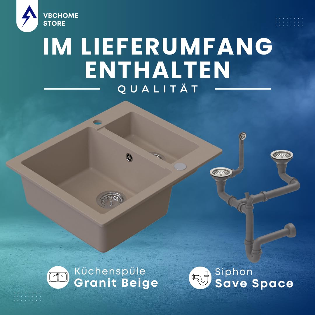 VBChome Spülbecken 60x50x20 cm Beige Granit 1,5 Becken Einbauspüle gesprenkelt Restebecken Siphon