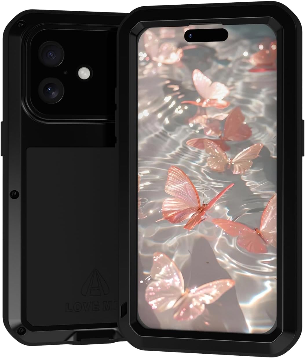 LOVE MEI Military Rugged Case for iPhone 17, Shockproof Metal Heavy Duty Full Body Cover with Tempered Glass Screen Protector (Black)