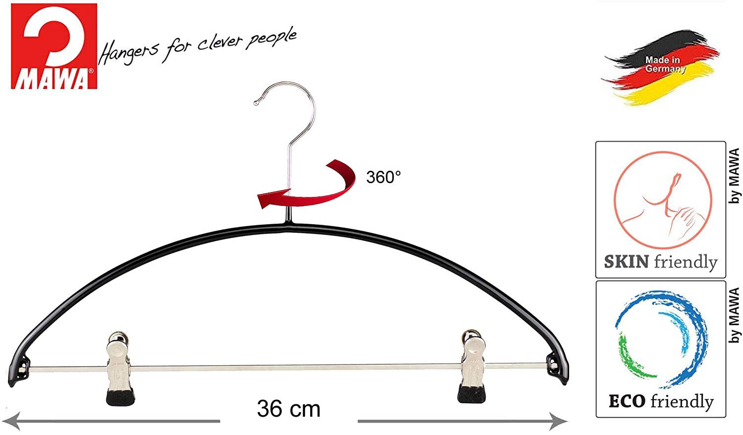 MAWA Perchas Antideslizantes que Ahorran Espacio, Modelo Economic PK, con Barra y Pinzas, para Camisetas, Pantalones, Faldas y Tops, Giratorias 360°, 36cm, Negro