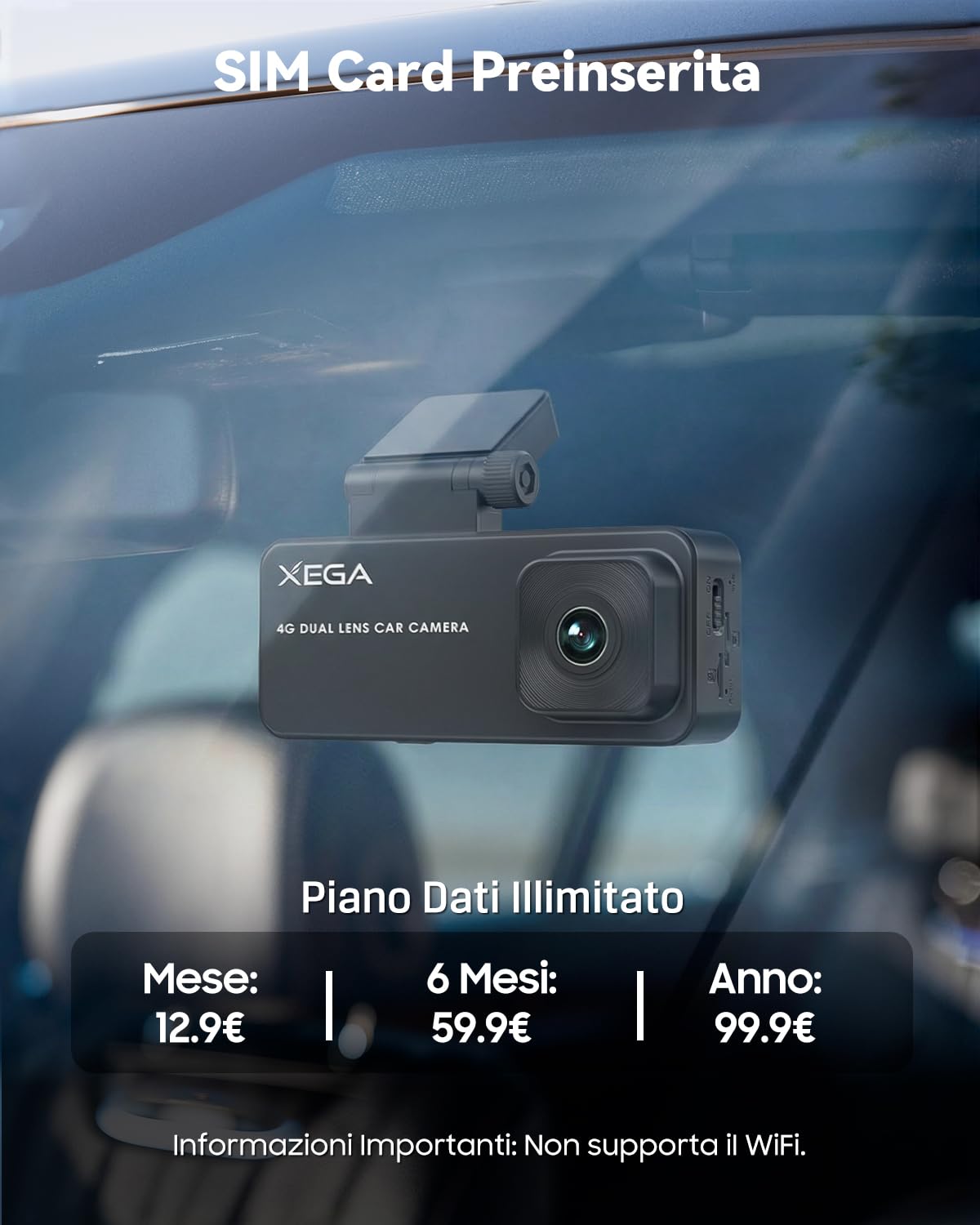 XEGA Dash Cam Auto 2K 4G con Scheda SIM, GPS, Monitoraggio di Parcheggio, Rilevamento Collisione/Movimento Radar, Audio Bidirezionale, Modalità Privacy, Video in Diretta/Cloud