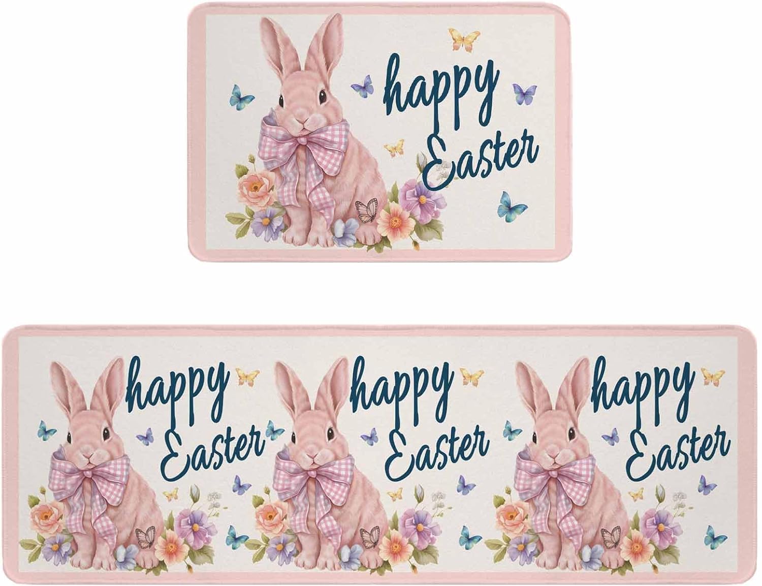 Easter Rabbits Kitchen Rugs and Mats Set of 2, Non-Slip Kitchen Sink Mat, Spring Floral Cute Bunny Butterflies Pink Washable Doormat Bathroom Rugs Runner for Bedroom 23.6"x35.4"+23.6"x70.9"