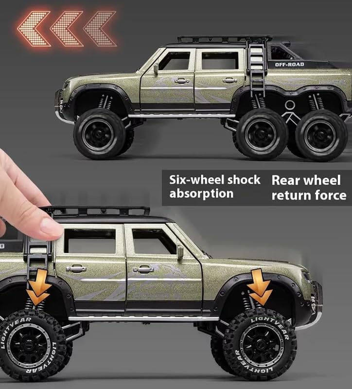 Image of Kids Model 1:24 6 Wheel Defender Die Cast Metal Car Pull Back Action Opening Doors with Realistic Engine Sound Lights Toy Car Gift for Boys - Green