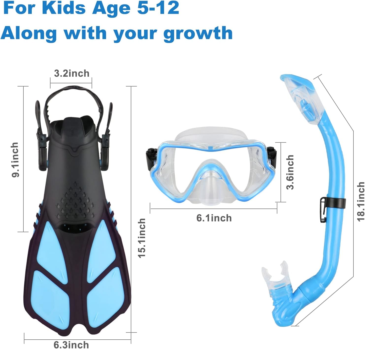 Kids Snorkeling Set - Adjustable Flippers + Panoramic Snorkel Mask + Dry Snorkel Tube + Travel Bags - Suitable for Kids & Juniors, Age 5-14 - Image 5