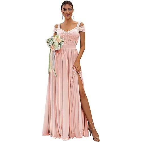 SOLODISH Off The Shoulder Bridesmaid Dresses Long for Women Chiffon Formal Evening Party Gown with Slit