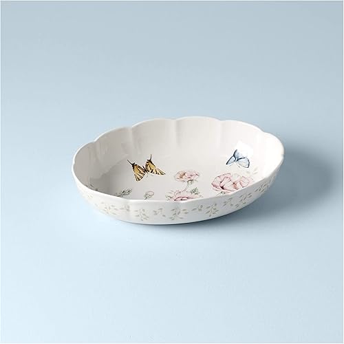 Vista 5 de Lenox recipiente para horno oval de porcelana con borde festoneado, diseño de pradera de mariposas., Blanco