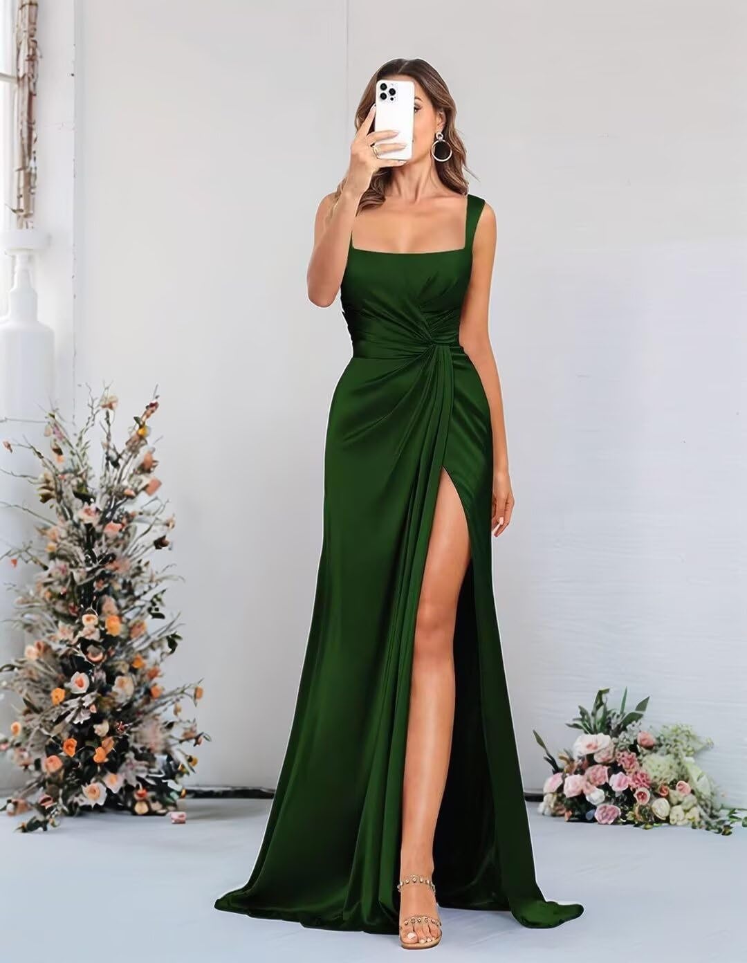 Satin Bridesmaid Dresses with Slit Pleated Long Maxi Wedding Guest Dress Mermaid Formal Evening Gowns