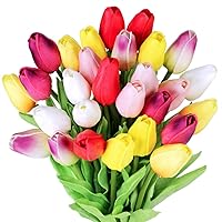 Winlyn 28 Multicolor Artificial Tulip Stems - Real Touch PU Faux Flowers for Easter Spring Weddings Bouquets Centerpieces 14" Tall