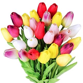 Winlyn 28 Multicolor Artificial Tulip Stems - Real Touch PU Faux Flowers for Easter Spring Weddings Bouquets Centerpieces 14" Tall