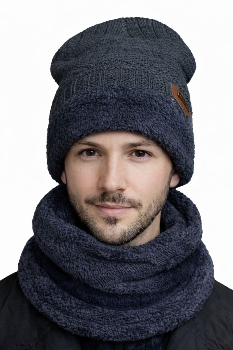 Winter Knit Beanie Hat with Neck Warmer Scarf Set, Cable Knit with Fleece Lining, One Size, 2 Pieces, Grey-image-17