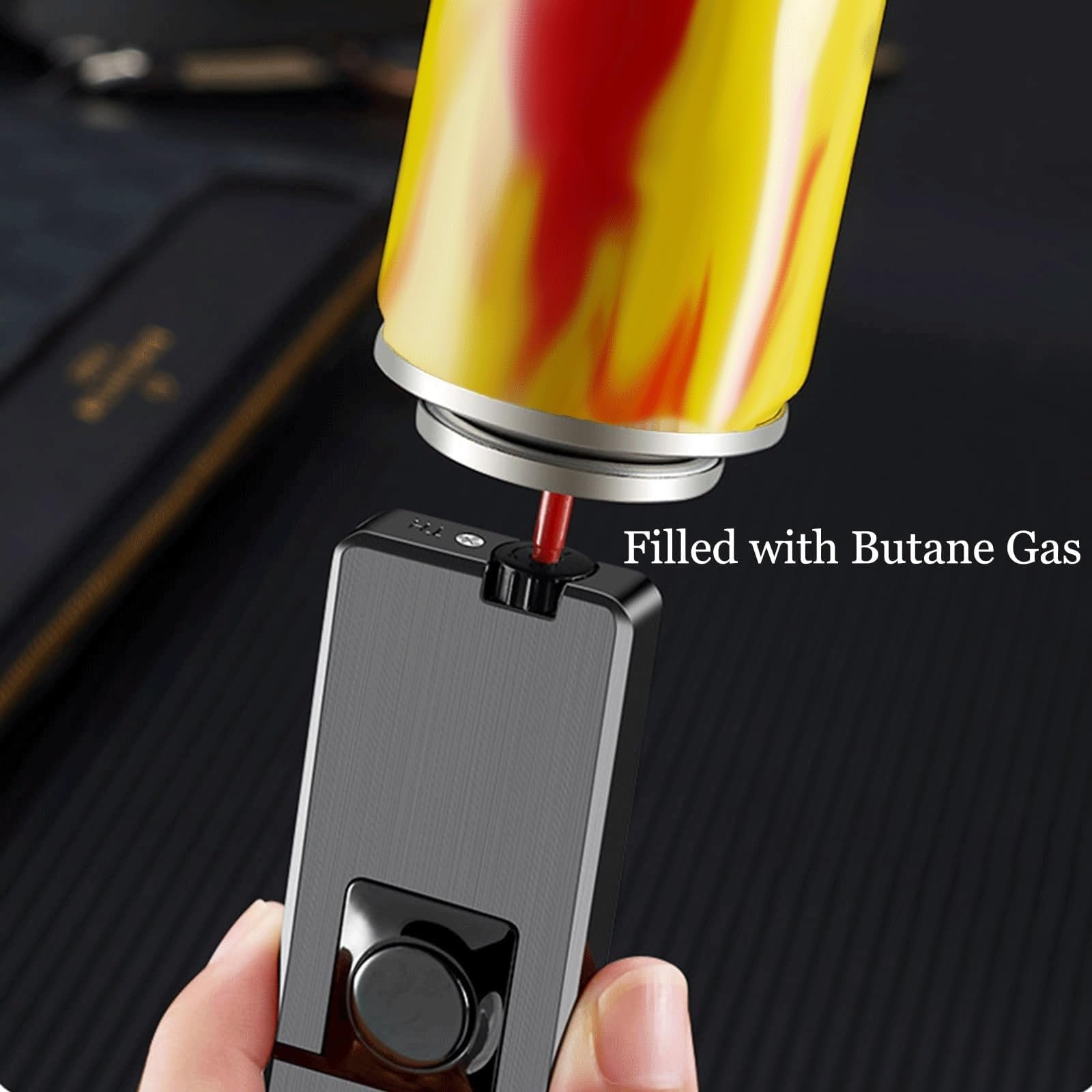 Mechero de metal resistente al viento, linterna doble con llama suave ajustable y chorro, encendedor de butano recargable, ventana de combustible visible para acampar y asar (combustible no incluido)