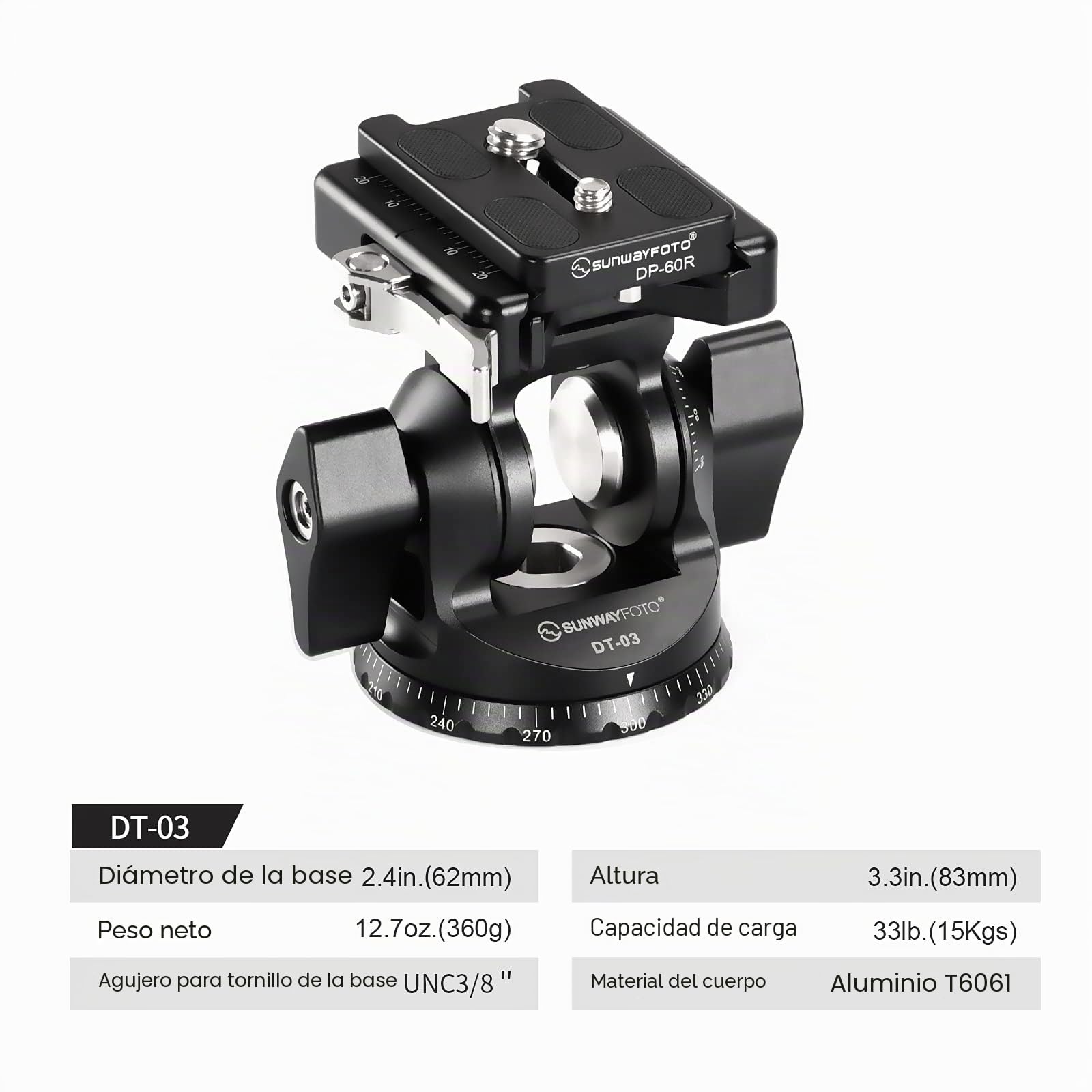 SUNWAYFOTO DT-03 Cabezal de inclinación para monopié y trípode, capacidad de carga de 15 kg