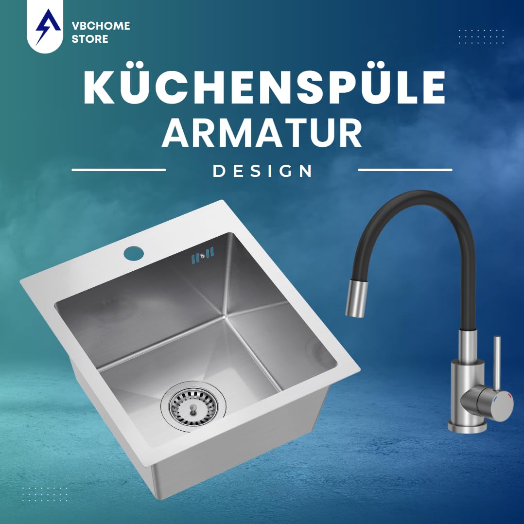 VBChome Edelstahlspüle mit Armatur 40 x 45 cm Gebürsteter Edelstahl Einbauspüle mit Hahnloch Edelstahl Küchenspüle Spüle Groß Becken Ablaufgarnitur Siphon Edelstahlspüle Armatur mit flexiblem Auslauf