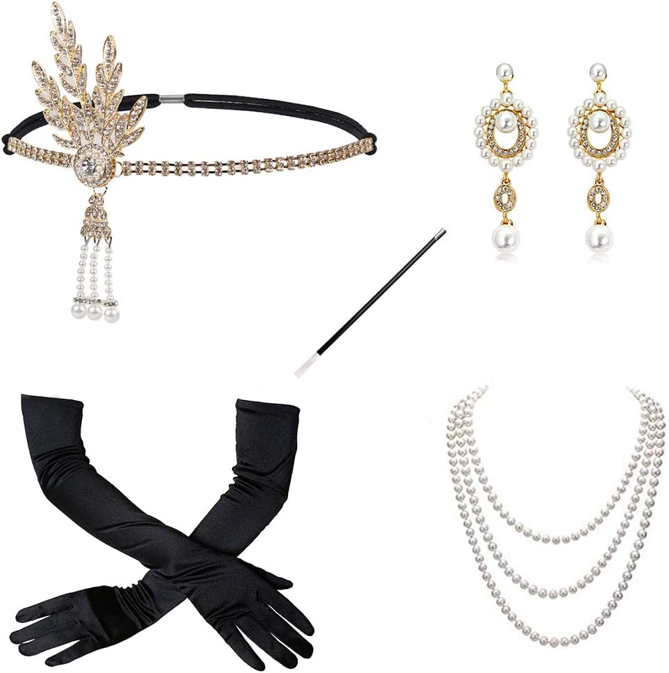 1920s Flapper Accessories Set for Women，Great Gatsby Inspired Leaf Medallion Pearl Headband Set