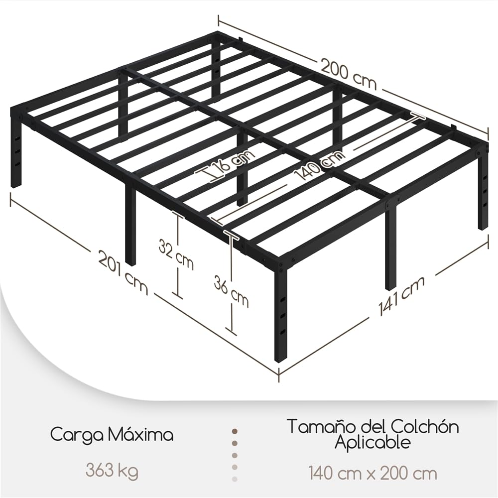 Yaheetech Bastidor de Cama Metálico 140x200x36cm Negro con Almacenamiento