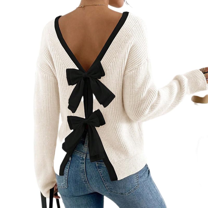 Women Bow Open Back Ribbed Knit Sweater Long Sleeve Crewneck Casual Holiday Party Backless Tie Tops