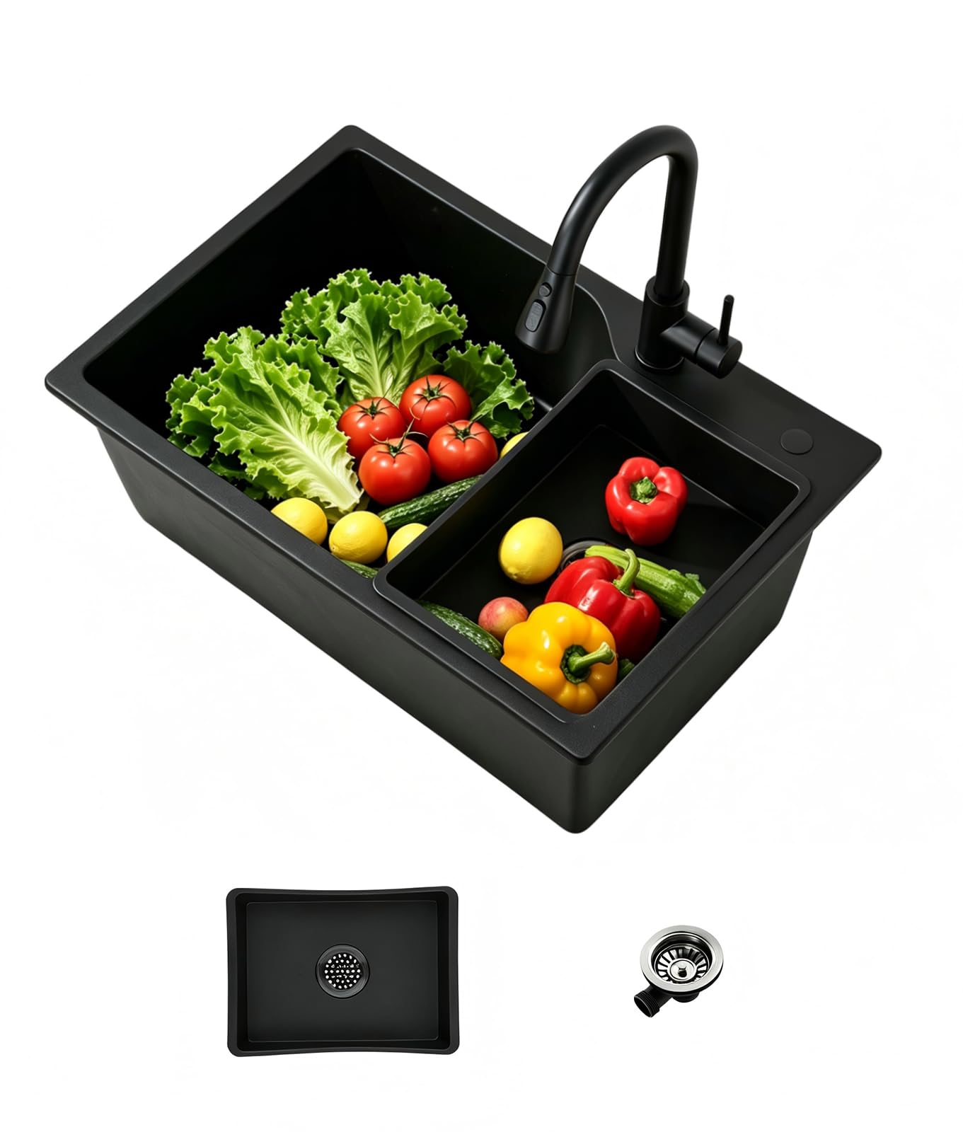 Lavello da incasso in granito nero misura 70x45 cm con vasca interna aggiuntiva e piletta adatta per sottolavelli larghi 80 cm e oltre.