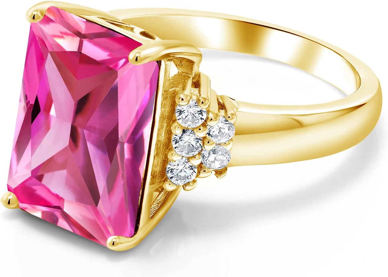 Gem Stone King 5-10 Cttw Gemstone Birthstone Engagement Ring For Women | 18K Yellow Gold Plated Silver | Emerald Cut 14X10MM | Wedding Anniversary Ring | Size 5-9