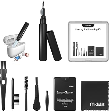 Premium Hearing Aid Cleaning Kit - Compatible with Rechargeable Hearing Aid with Bluetooth, Oticon, Phonak, Hearing Aid Cleaning Tools with Pen, Spray, Brush, Cloth, Hearing Aid Supplies Accessories