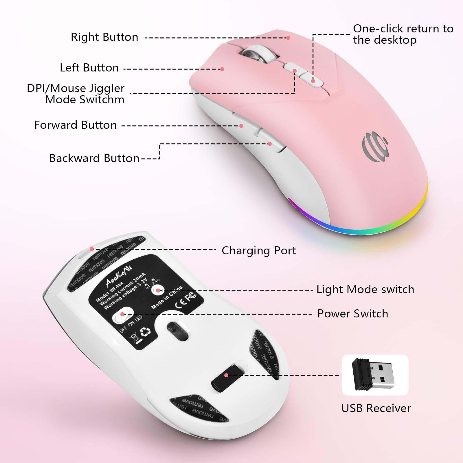 Ratón Bluetooth inalámbrico, ratón óptico USB recargable, 3 DPI ajustables, LED silencioso modo dual (Bluetooth 5.2 y 2.4G) Ratón inalámbrico para Mac, portátil, PC, Android, Windows (rosa)