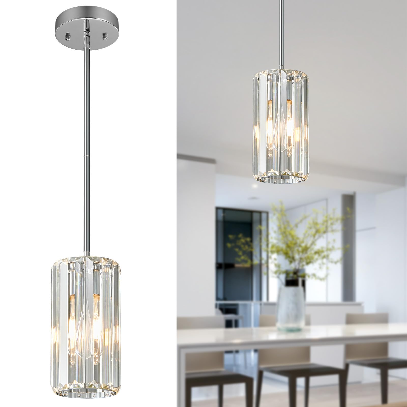 Chrome Pendant Lighting Modern Pendant Light Mini Crystal Chandeliers Adjustable Pendant Light Fixture for Kitchen Island Dinning Room Corridor Bedroom(Chorme 1-Light)
