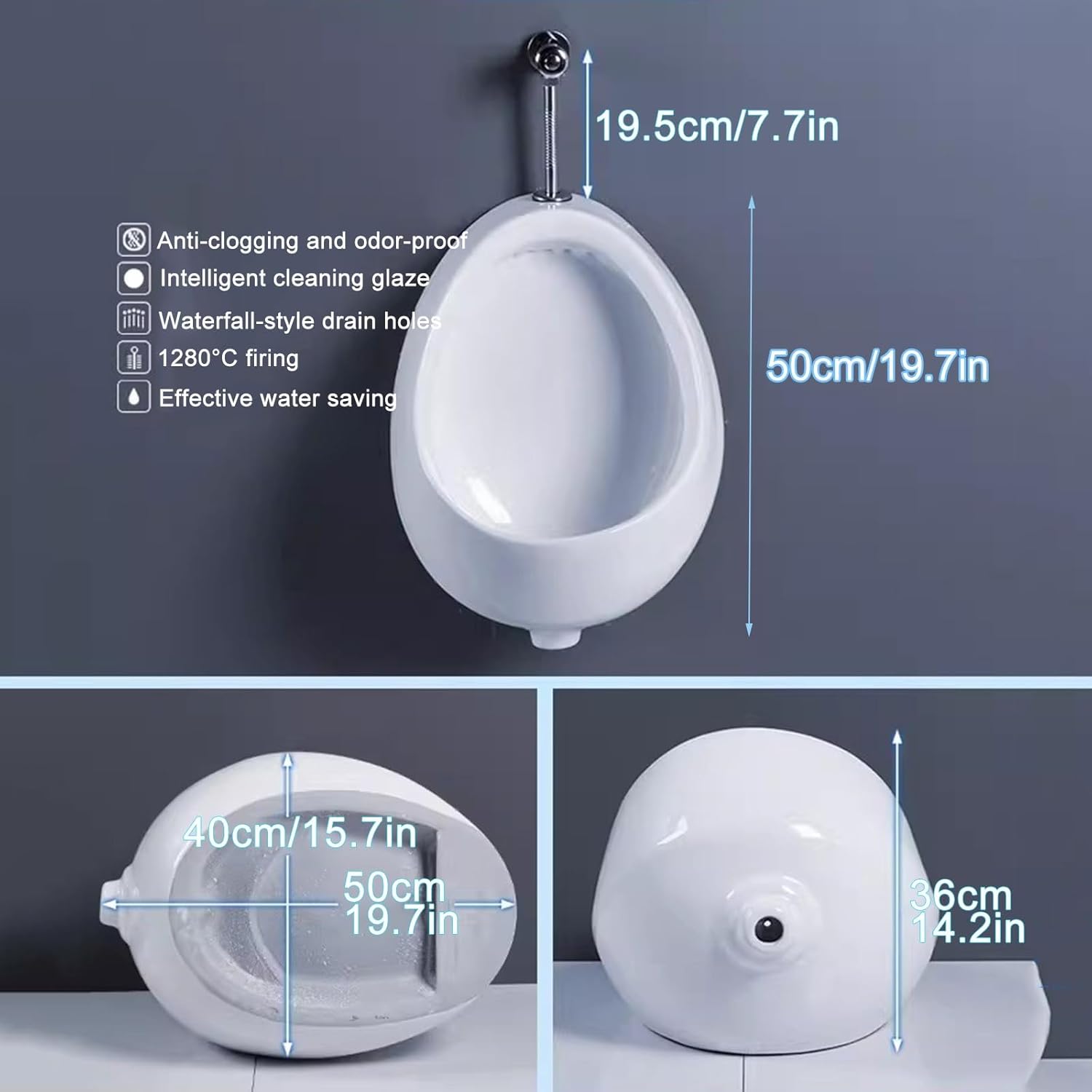 Wall Mounted Commercial Urinal with Flush Valve, Bathroom Ceramic Urinals for Men, Ground Drainage, For Home Dorm Shed or Backyard RV