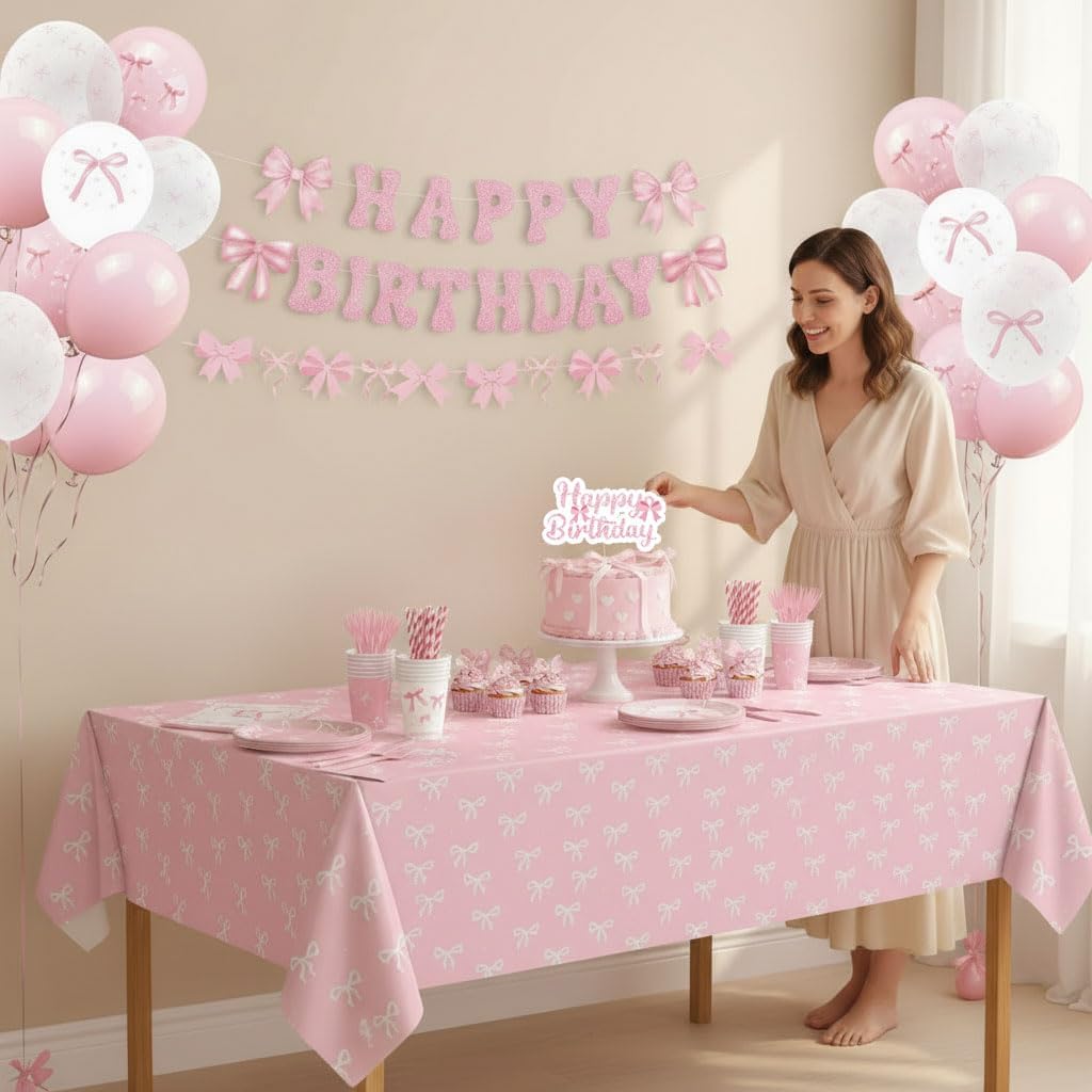 Pink Bow Birthday Decorations 235Pcs Party Decorations Set for Women & Girls Supplies Serve 24 Include Bow Plates Napkins Cups Banner Tablecloth Cake Topper Balloons Bow Theme Tableware Backdrop Decor