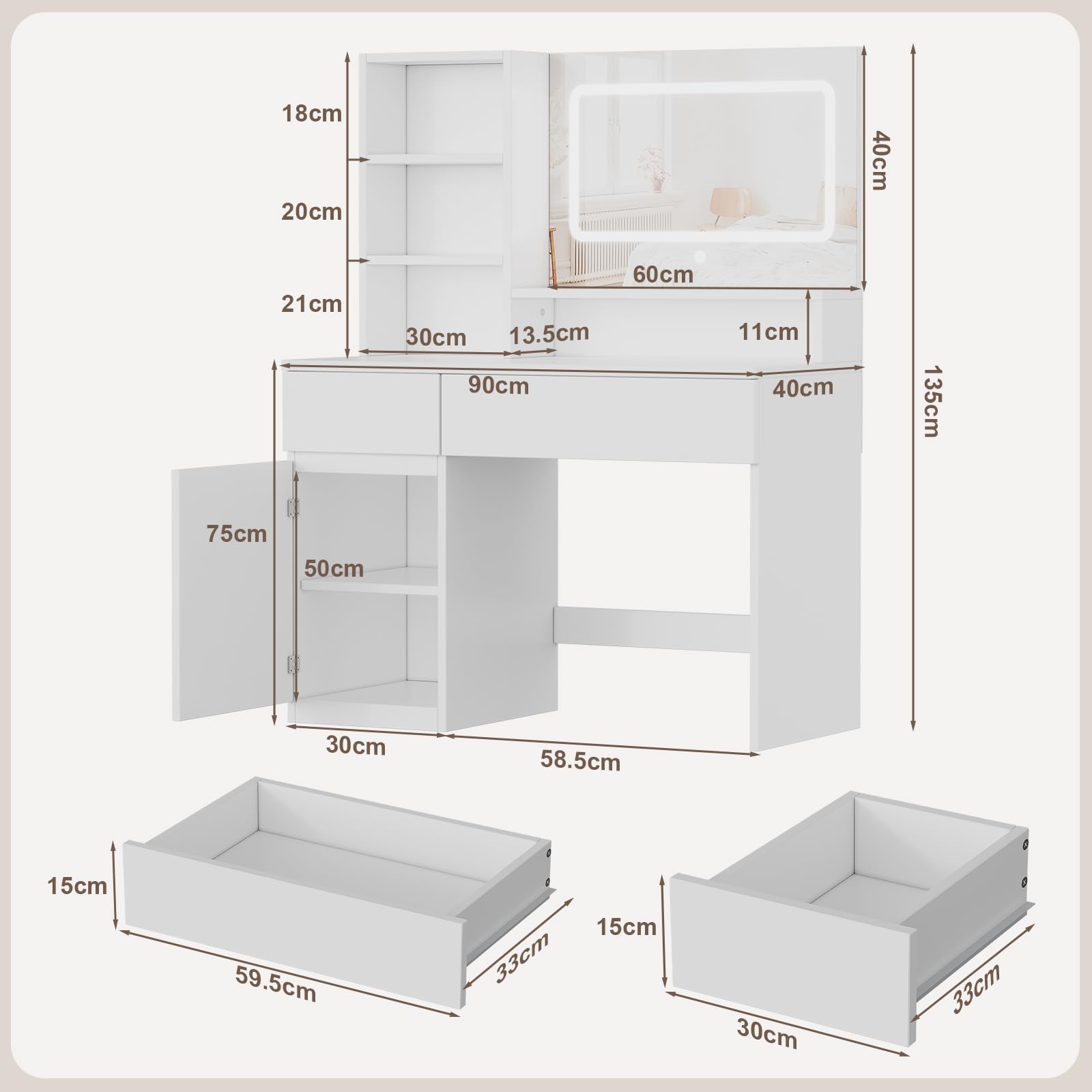 JUMMICO Coiffeuse avec Grand Miroir LED et Espace de Rangement Abondant, Table de Maquillage Moderne avec 2 Tiroirs, 1 Armoire Latérale et 4 Compartiments (Blanc)