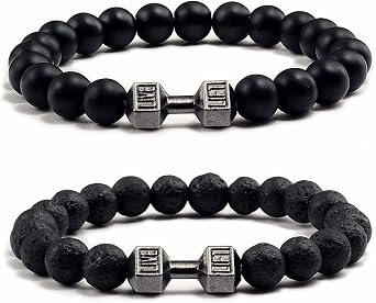 Dumbbell Bracelet for Men Gym Bracelet 8mm Lava Rock Natural Stone Stretch Bead Bracelet Dumbbell Weight Bracelet for Men, Stone, No Gemstone, Stone, No Gemstone