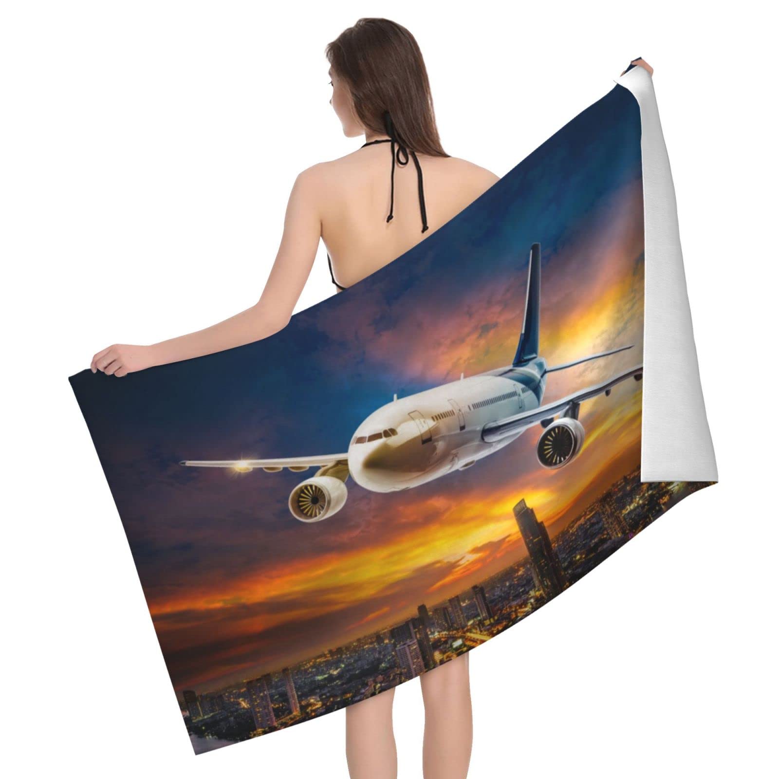 Lawenp Sunset Blue Sky Airplane Beach Towel, Lightweight Sand Free Quick Dry Microfiber Absorbent Bath Towel for Kids, Adults, Swimming, Bath, Yoga, Pool, Travel, Camping 32"X52"