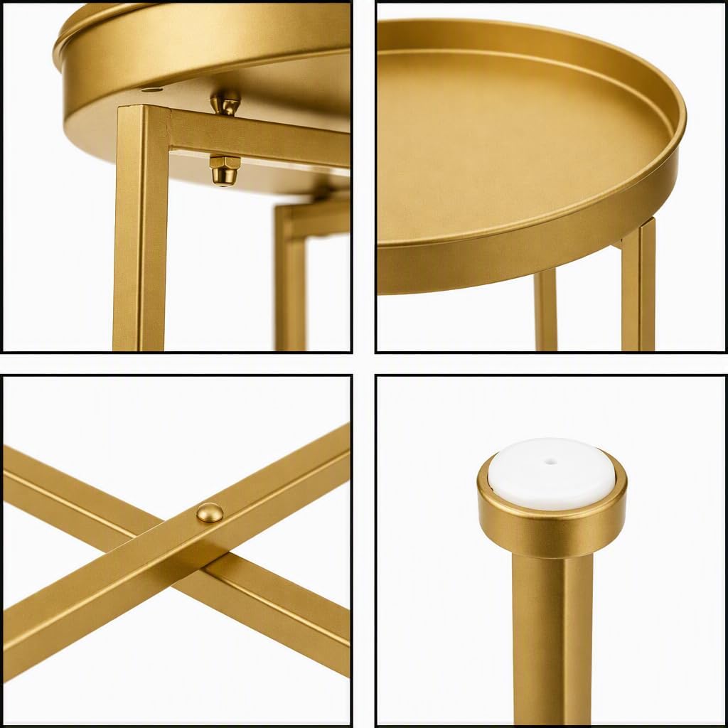 HollyHOME Small Round Metal Waterproof End Table, Accent Indoor&Outdoor Side Table, Sofa Table for Living Room, Anti-Rust Decorative Plant Stand, (D) 14.5" x (H) 25", Golden