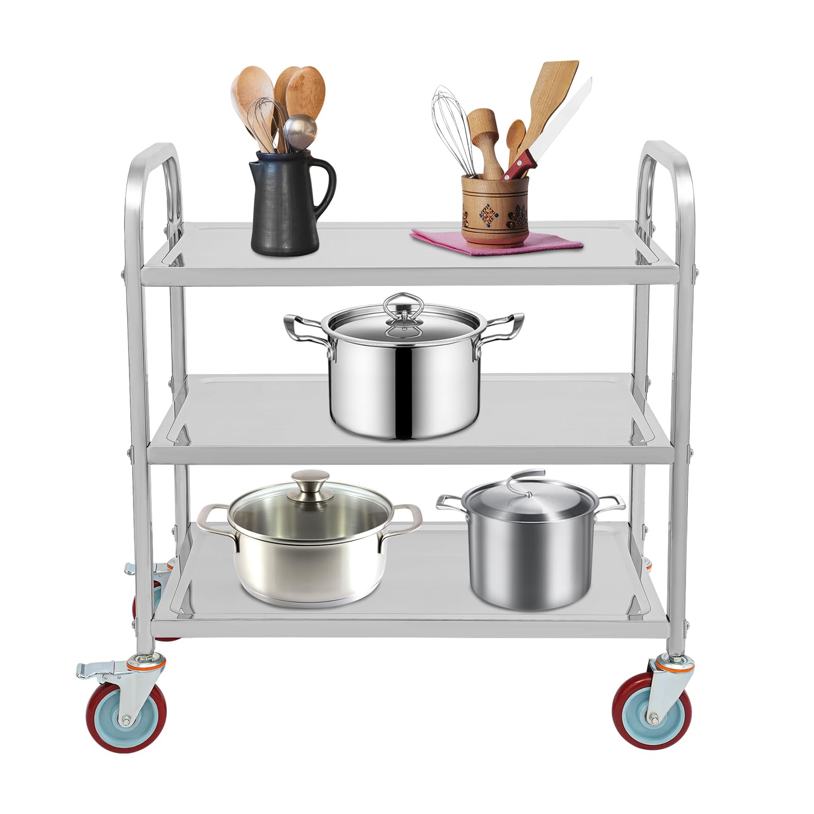 OUKANING Carro de cocina de acero inoxidable con 3 estantes, carro de servicio de alta capacidad de carga y ruedas silenciosas, isla de cocina móvil y estante de cocina para microondas, cocina