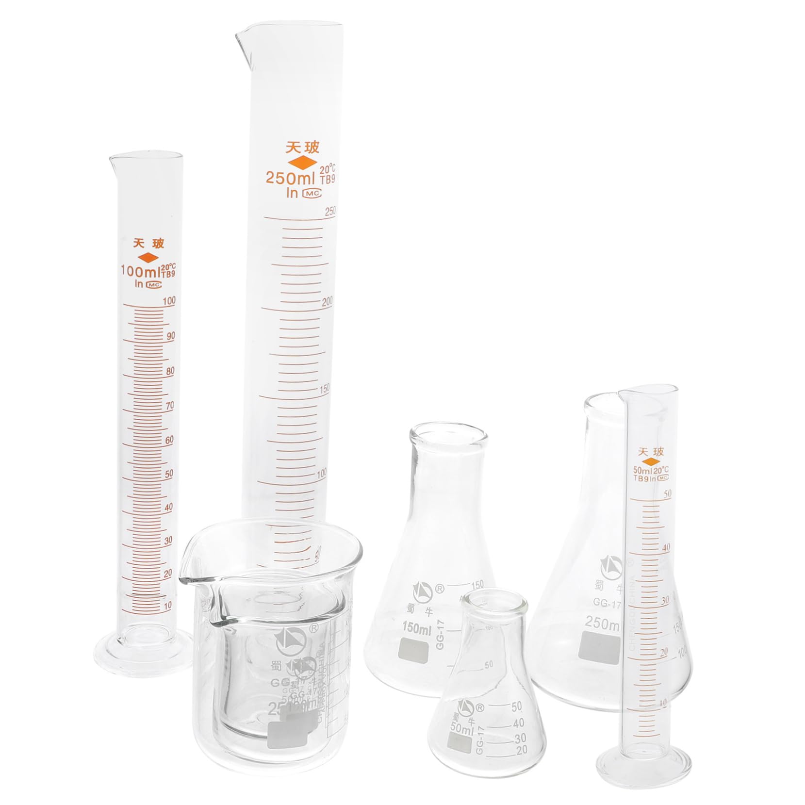 NAMOARLY Accurate Measurement Glass Lab Set 9pc Beaker Sets Graduated Cylinders Measuring Cup Conical Flask Sturdy for School Lab Experiments