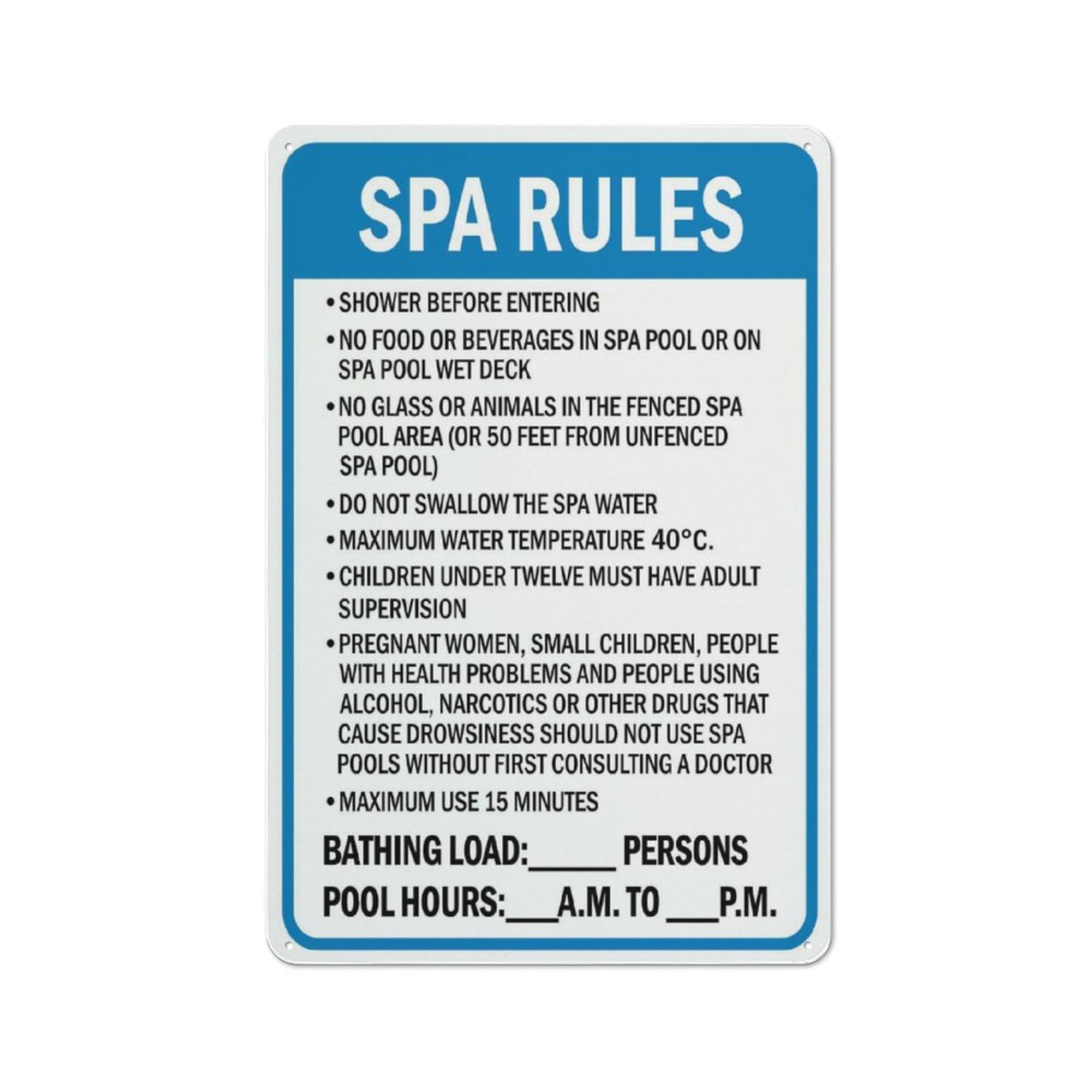 Spa Rules Sign 12 X 8 Inch Metal Sign, Rustproof Aluminum, Multicolor