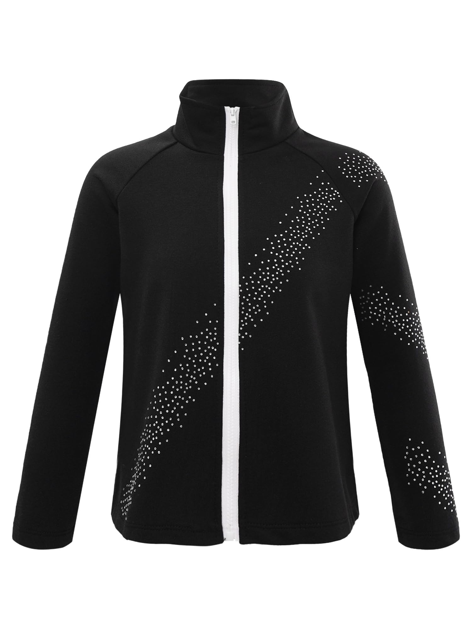 Alvivi Mädchen Eiskunstlauf Jacke Glitzer Strass Sweatjacke Sweatshirt Trainingsjacke Yoga Gym Sport Jacke Eislaufen Tanzkleidung H Schwarz 110-116