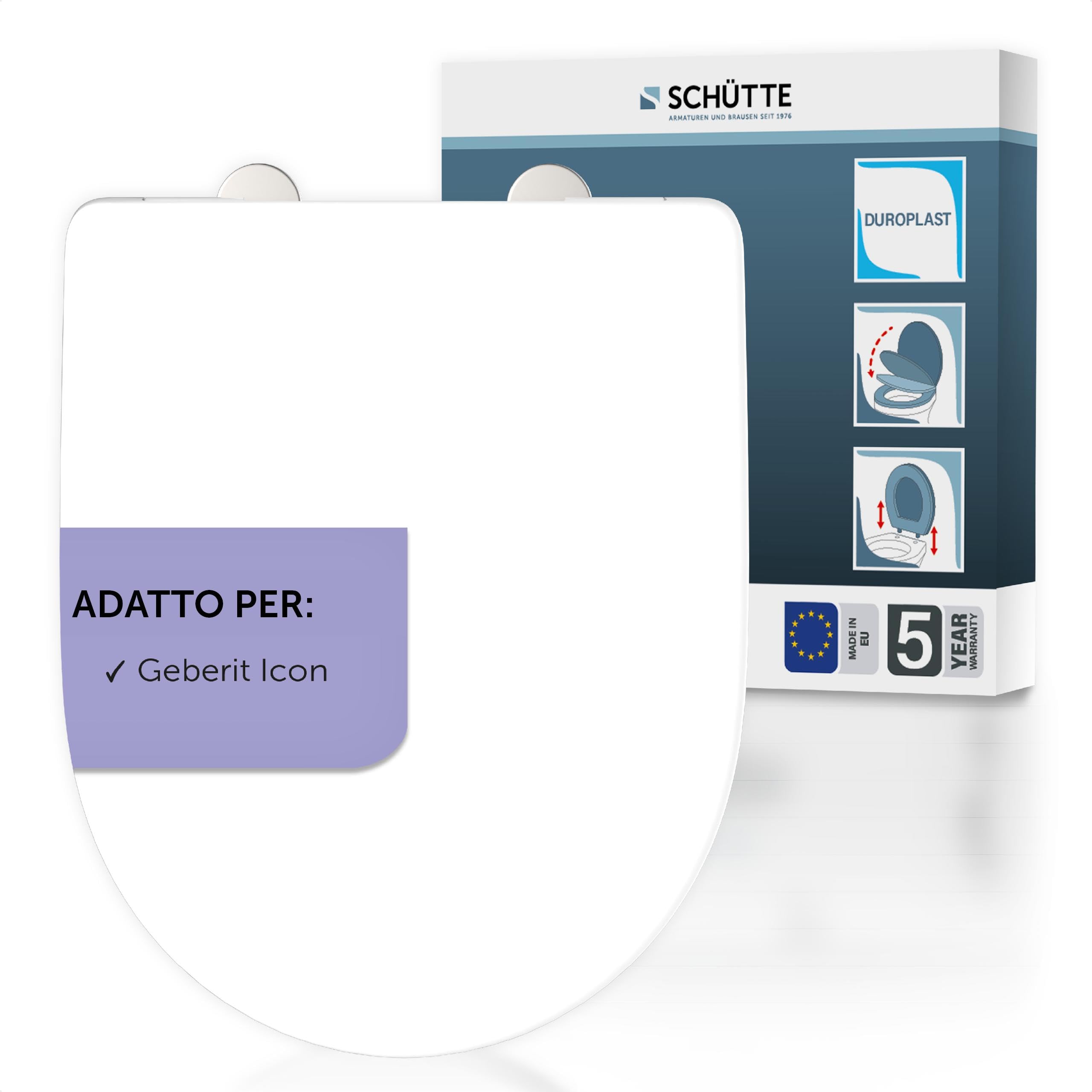 SCHÜTTE Sedile WC adatto per Geberit Icon, con abbassamento automatico, made in EU, coperchio rimovibile in termoindurente infrangibile, coperchio WC e occhiali fino a 250 kg, bianco