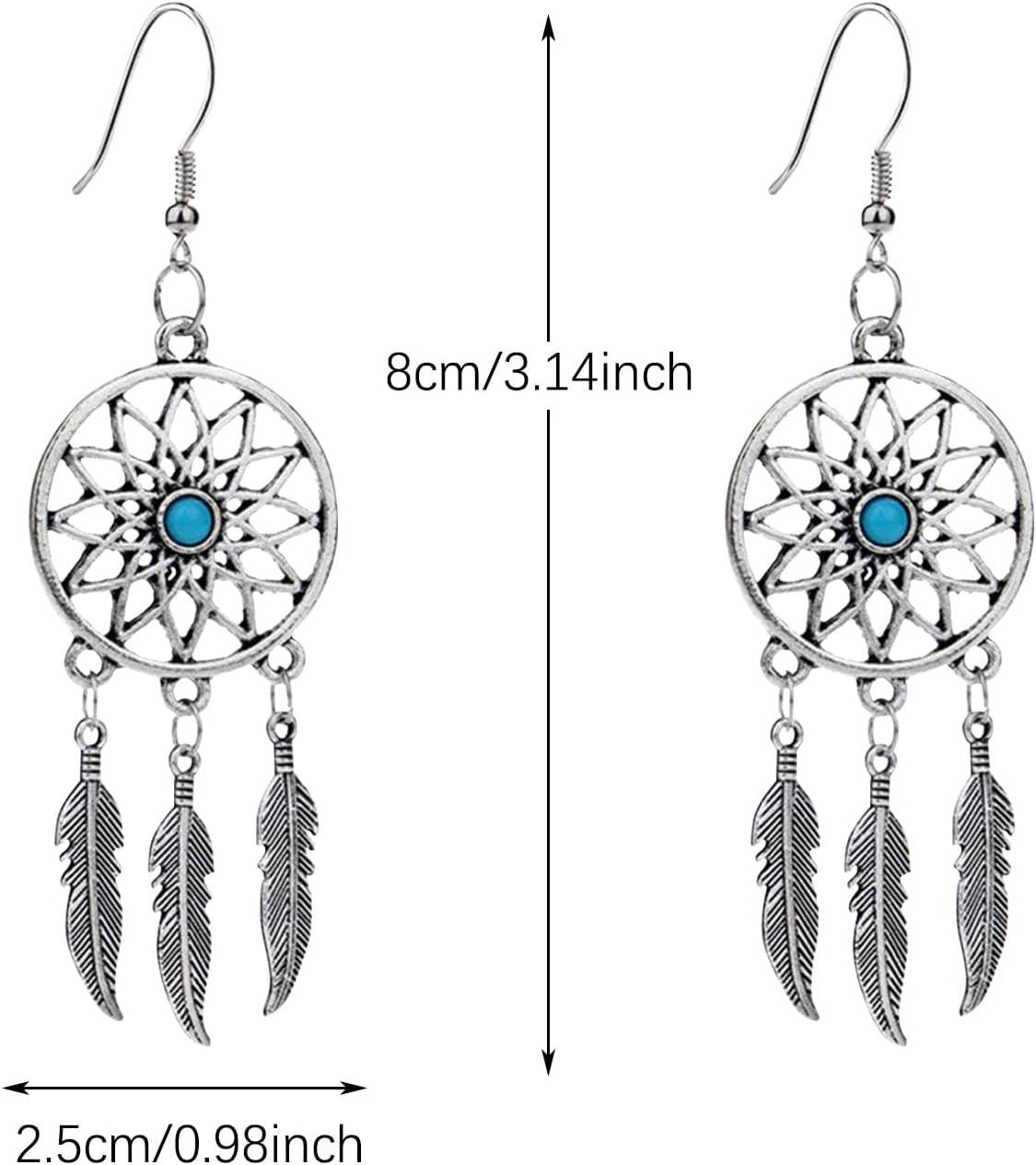 KaFu Woman Retro Silver BOHO Style Metal Dangle Drop Earrings Dream Catcher Statement Feather Dangle Tassels Turquoise Earrings for Women Girls - Image 2