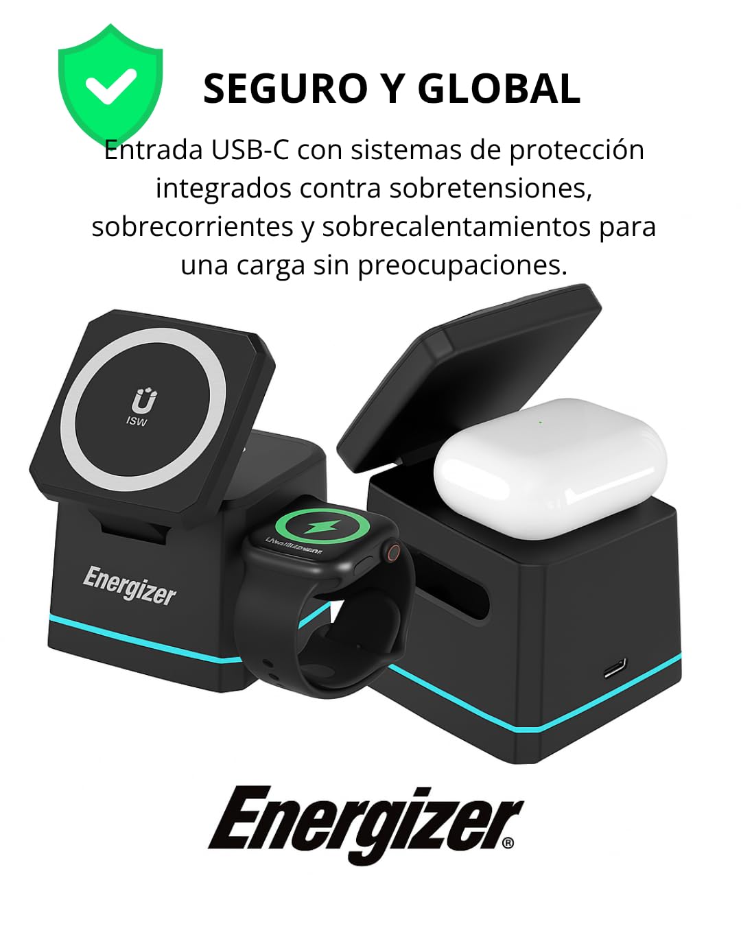 Energizer WCP307 3-1 Cargador de escritorio inalámbrico de 15 W | Carga rápida para smartphone, auriculares y Apple Watch, compatible con MagSafe, soporte plegable con soporte ajustable, USB-C, seguro
