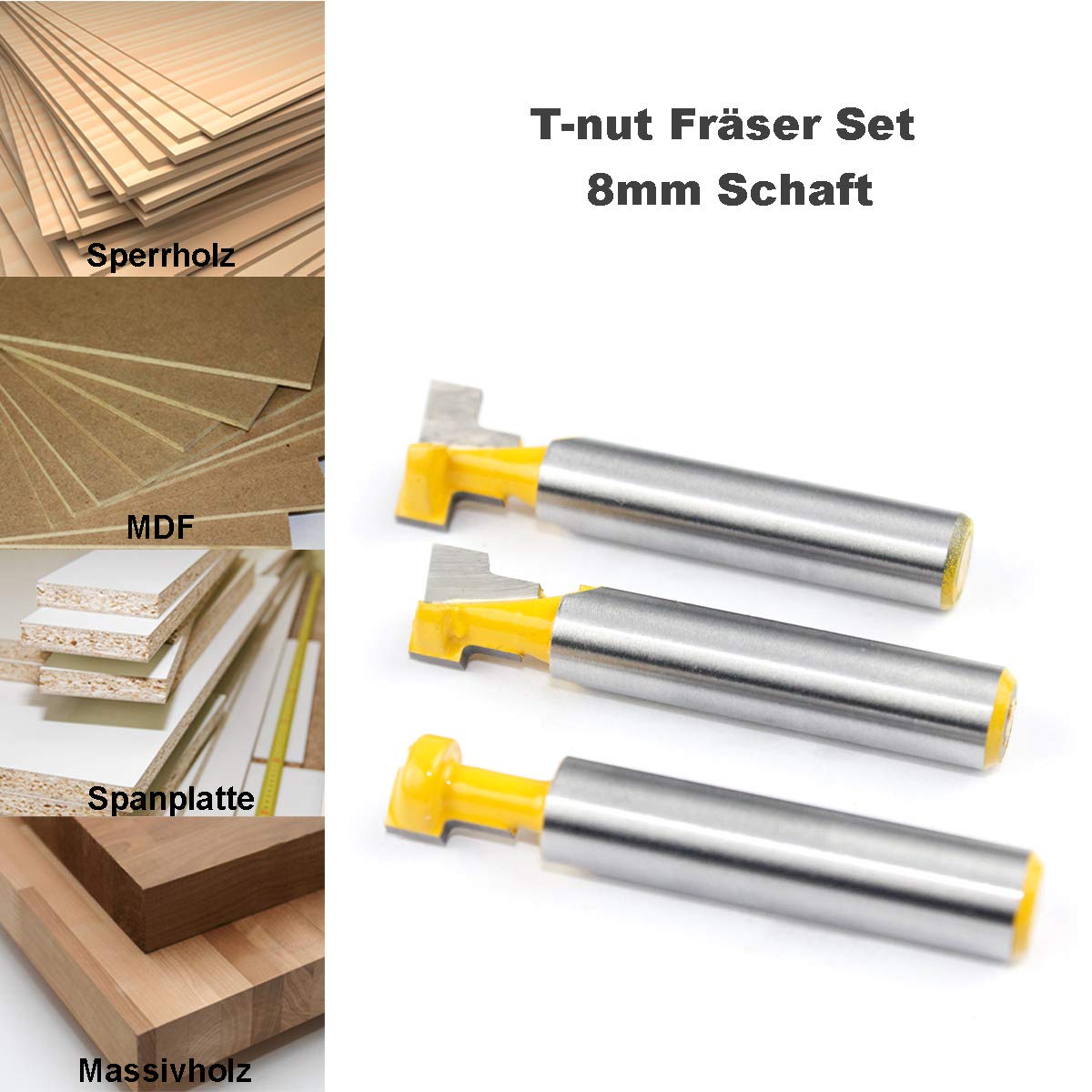 Saipor 3 pezzi set di punte per frese a T 8 mm con fusto da 8 mm