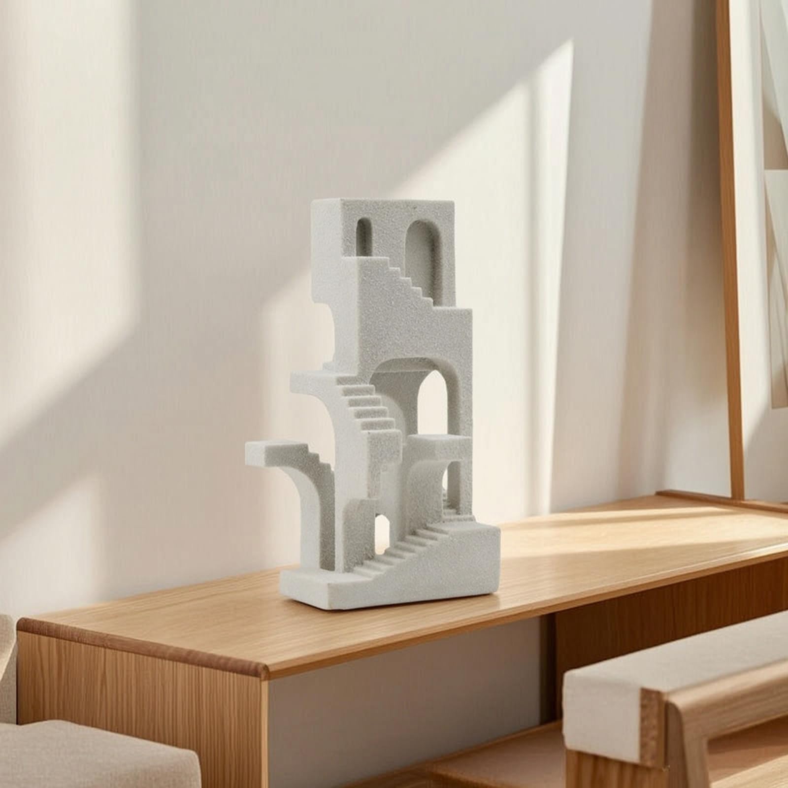 MagiDeal Escultura Geométrica Resina con Forma Torre Apilada y talles Escaleras Superficie con Textura Arenosa Tono Iluminado Neutro Acuada para