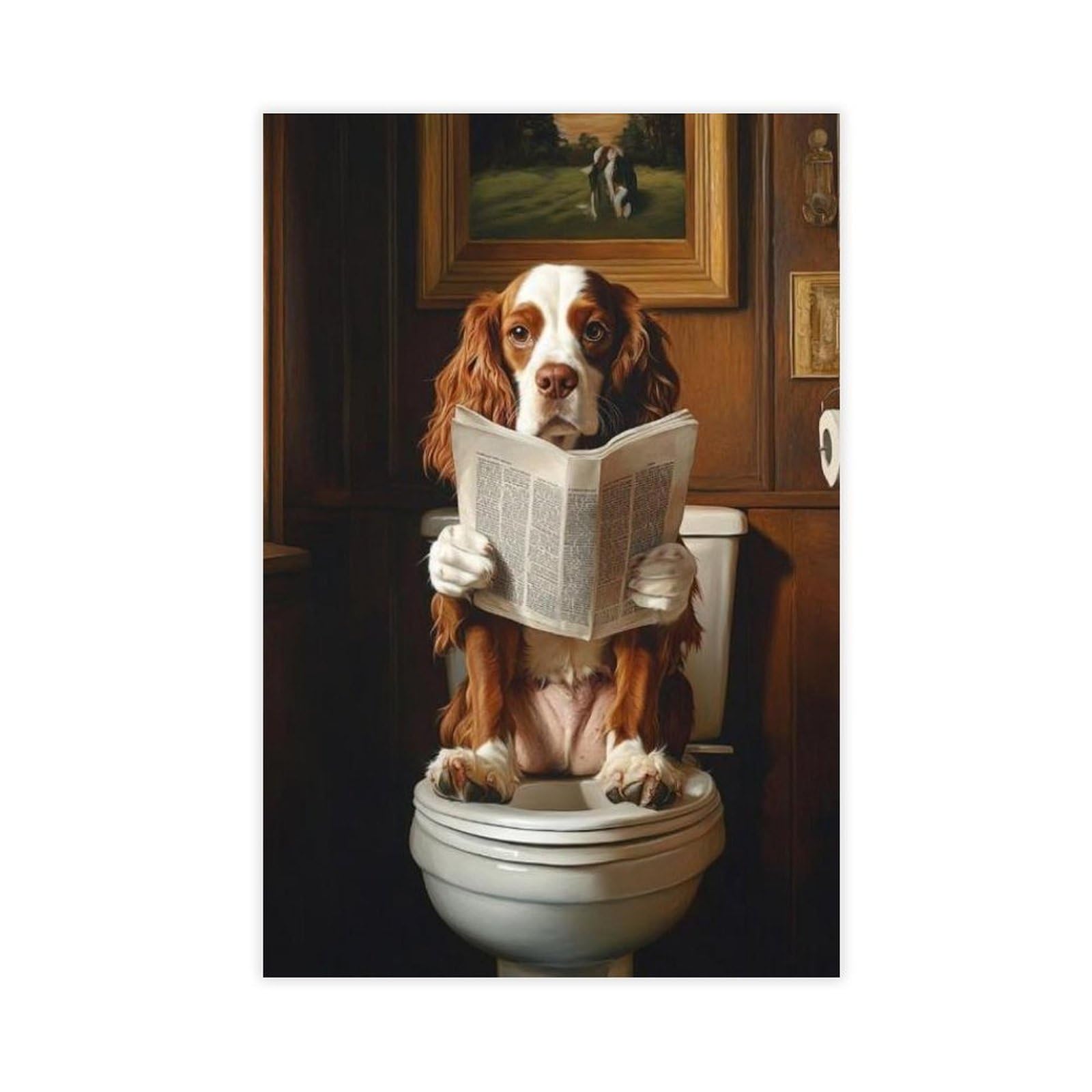 NFFBGFD English Springer Spaniel On Toilet Canvas Poster Bedroom Decor Landscape Decor Gift 12x18inch(30x45cm)