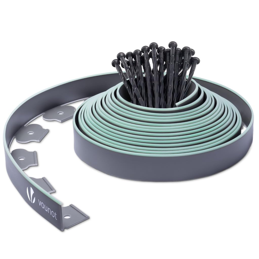 VOUNOT® Bordo Giardino Flessibile, Bordi Aiuole Plastica, con 30 Chiodi di Fissaggio, Lunghezza 10m, Altezza 5cm, Grigio e Verde