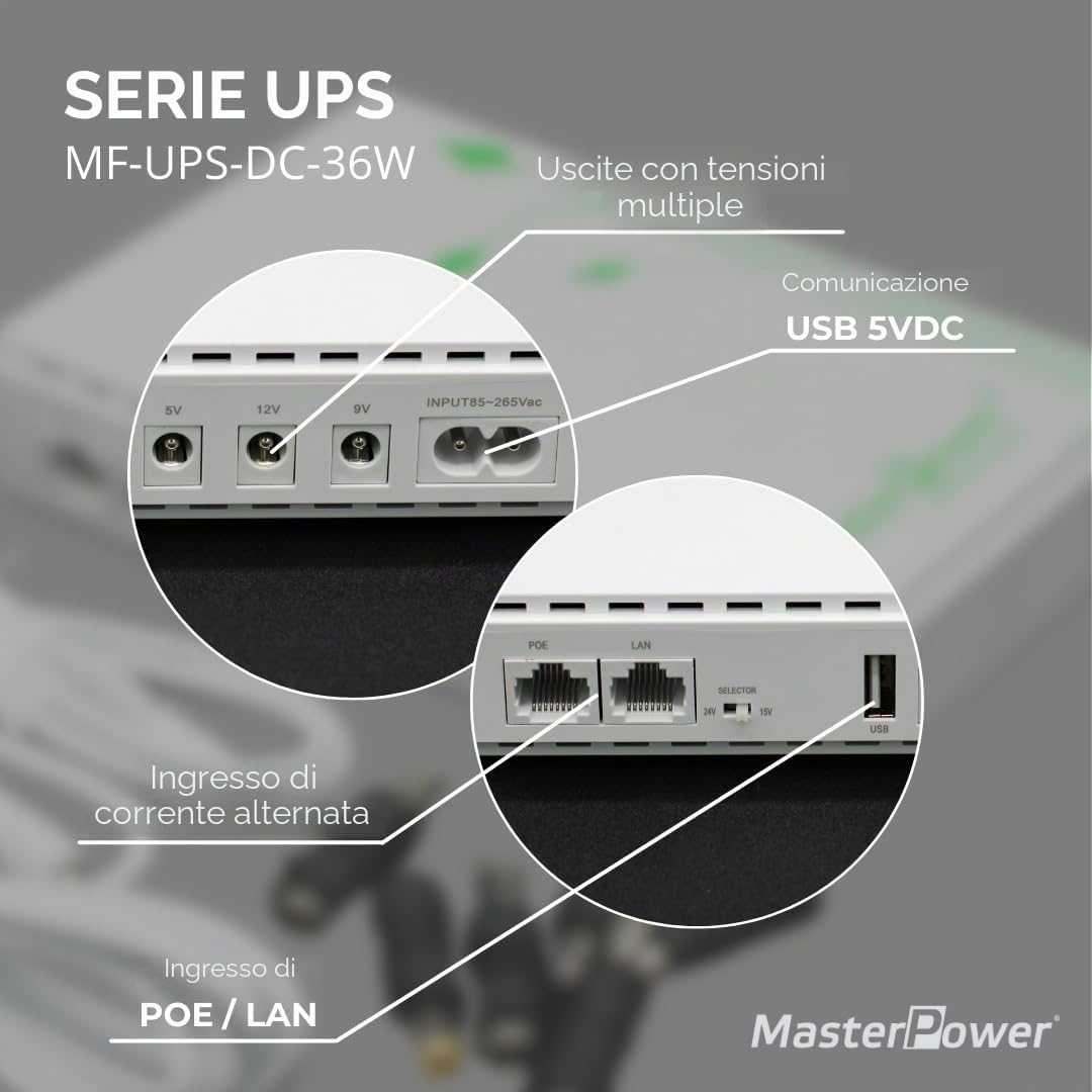 Master U-Power Mini UPS 7.4V 4000mAh 36W – Gruppo di Continuità per WiFi, Router, Modem e Telecamere IP – Ingresso AC, Uscite USB/DC/PoE 5V 9V 12V 15V 24V