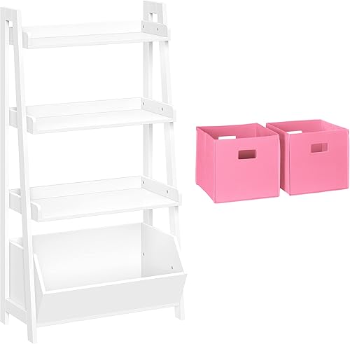 RiverRidge Estantería de escalera de 4 niveles para niños con contenedor organizador de juguetes, 2 contenedores plegables de tela rosa y espaciosos