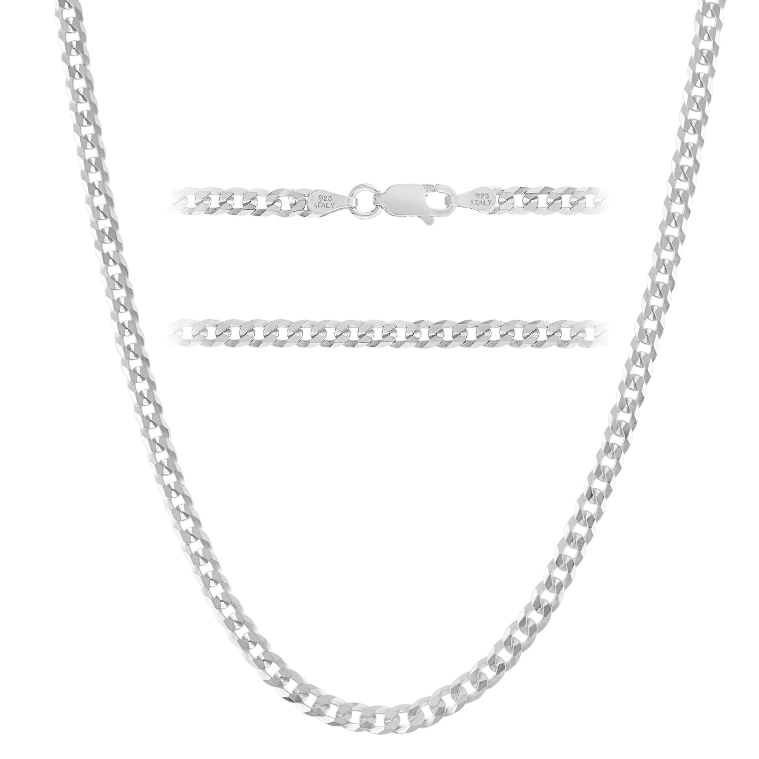 KISPER 925 Sterling Silver chain for men - Diamond Cut 3.5mm Flat Curb Cuban Link Chain Necklace with Lobster Clasp, Made in Italy - 18 inch silver chain for men