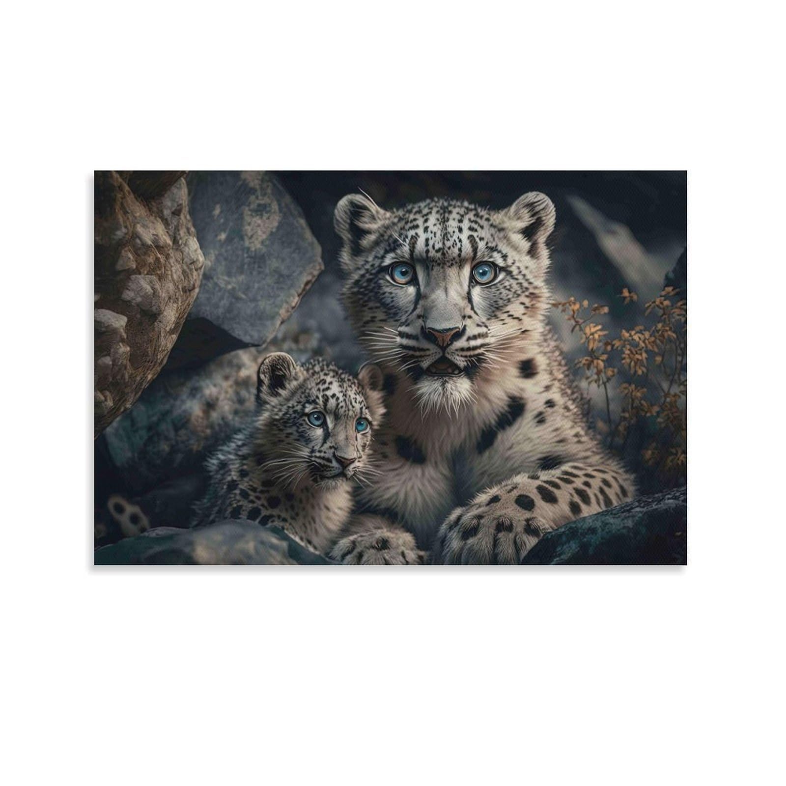 CPLVKWRQJ Snow Leopard Individual Mother Snow Leopard Cuddling Small Cub Canvas Wall Art - Office Canvas Print Fade Resistant Wall Focal Art Ready to Hang 24x36inch(60x90cm)