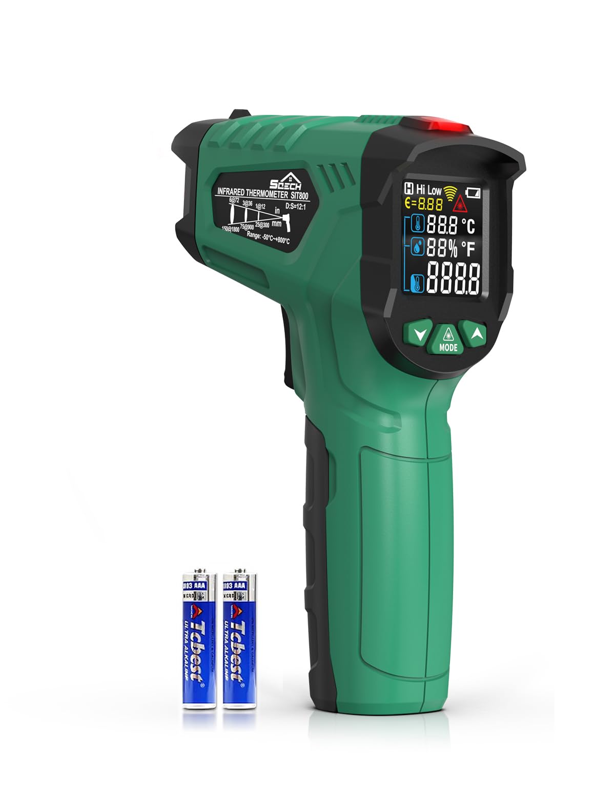 Infrared Thermometer Gun,SQECH Laser Thermometer Gun -58℉～1472℉(-50℃～800℃),Temperature Gun with Ambient Temperature&Humidity/Adjustable Emissivity/Color Backlight for Cooking, Oven,Engine,HVAC