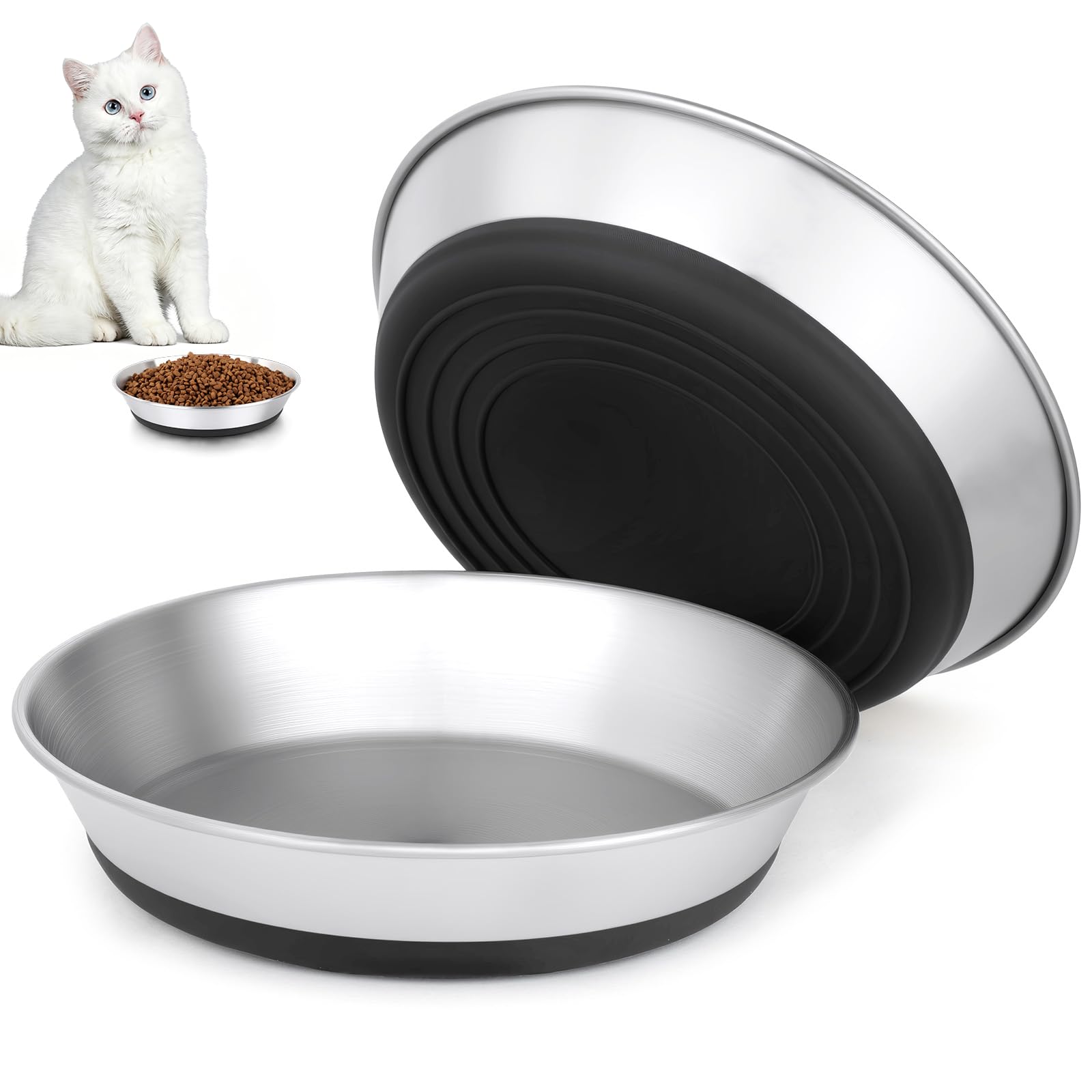 2 Piezas Cuencos Planos para Gatos de Acero Inoxidable, profundizar Comedero Plano para Gato con Base Antideslizante,Platos Anchos Aptos para Gatos para Perros Pequeños,Gatos (Plata)