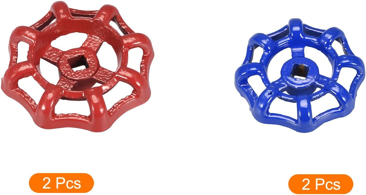 MECCANIXITY Outside Faucet Round Wheel Handle, 6x6mm 7x7mm Square Broach Metal Wheel OD 51mm 63mm Paint Cast Steel Red Blue 4in2 Sets