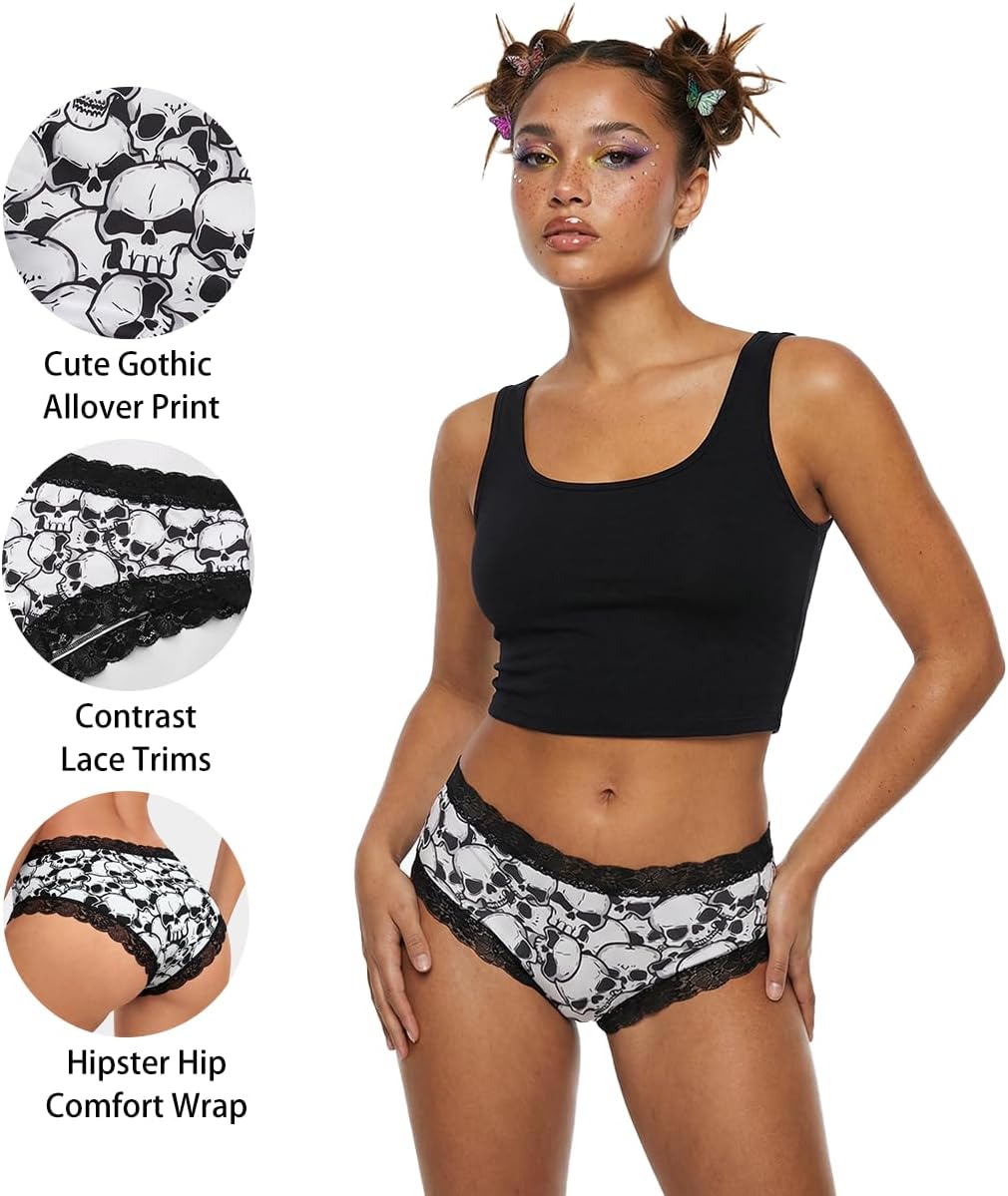SYVIN Women 8pcs Cute Halloween Allover Skull Print Hipster Panties, Lace Trims Low Rise Bikini Comfortable Underwear - Image 3