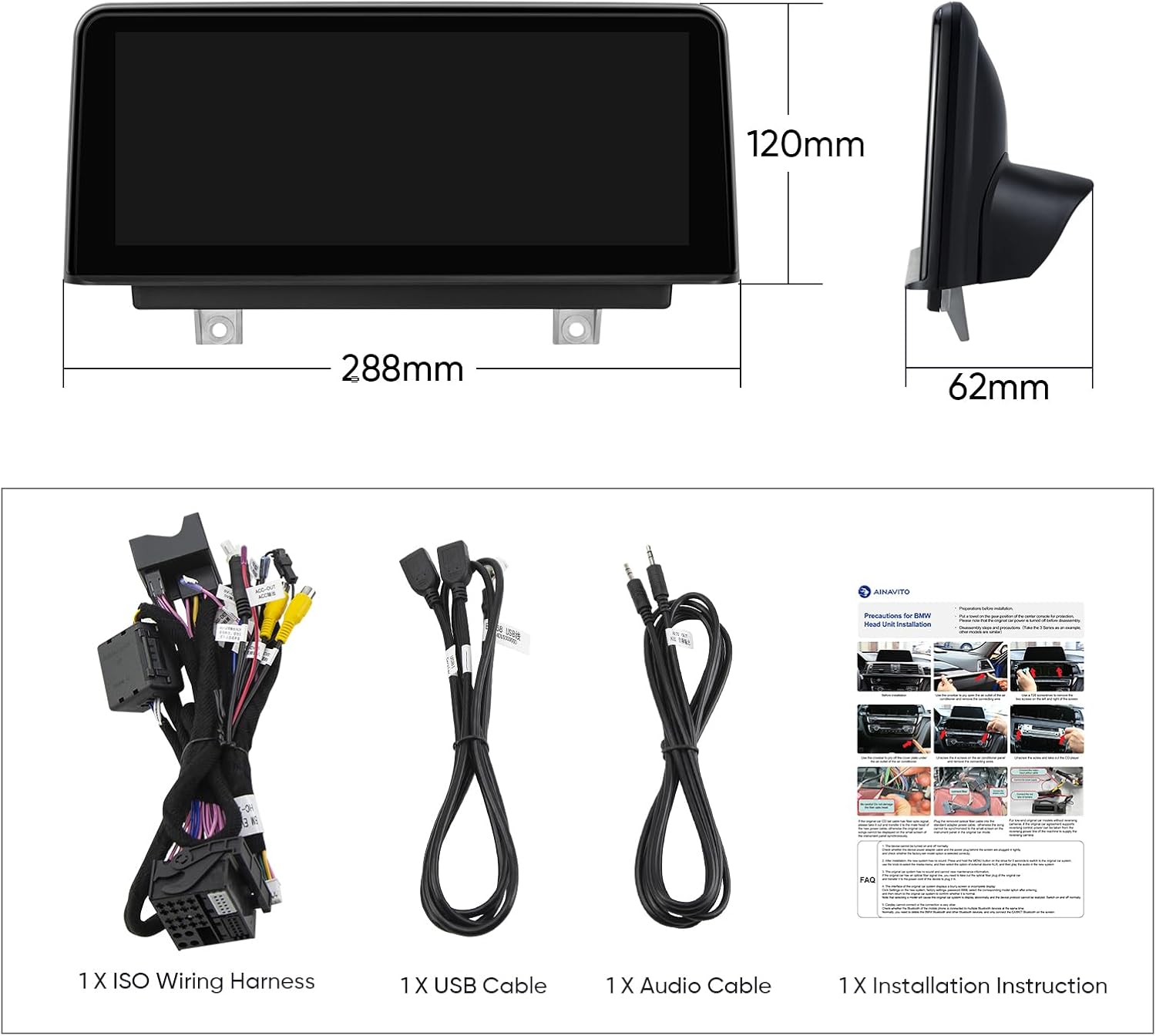 Contents of the AINAVI multimedia player package including head unit, cables, and instructions